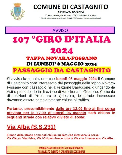 GIRO D'ITALIA 2024 - LUNEDI' 6 MAGGIO, PASSAGGIO A CASTAGNITO